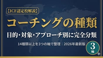 コーチングの種類を3つの軸（ICF公式分類・目的別7種・アプローチ別5種）で完全分類した解説図｜ヘルスコーチ・ジャパン2026年最新版